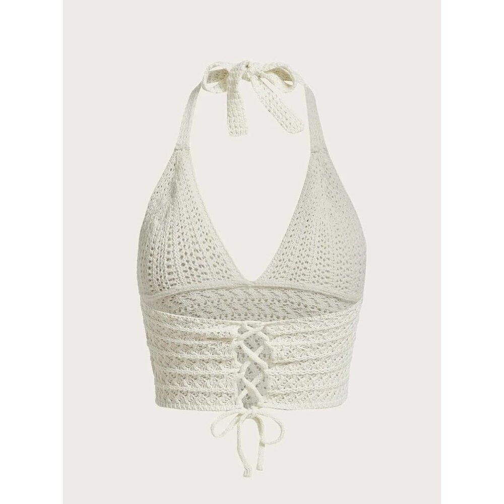 Women Lace Up Backless Crochet Crop Halter Top Boho Summer Streetwear - Picture 3 of 7